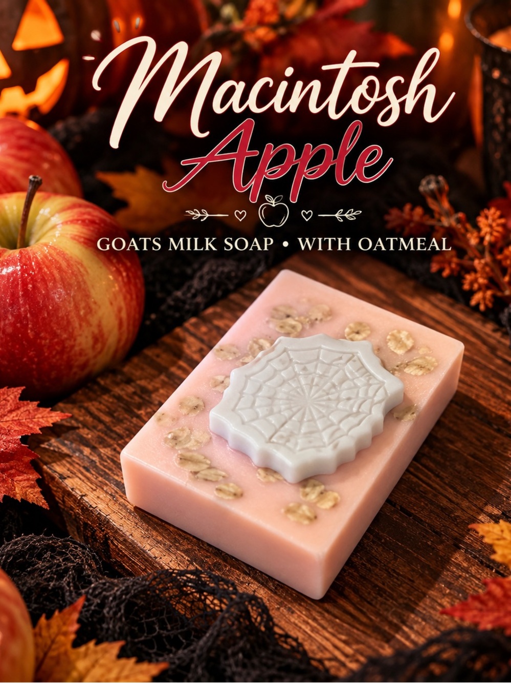 Macintosh Apple Scented Goats Milk Soap w/ Oatmeal & Spiderweb Soap Topper